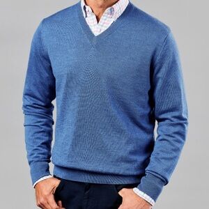 Brooks Brothers Merino Wool Blend V-Neck Sweater In Blue | Size M